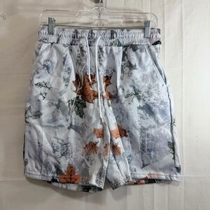 Grey, White, Orange Camouflage Leaf Print Elastic Waistband Drawstring Shorts XL